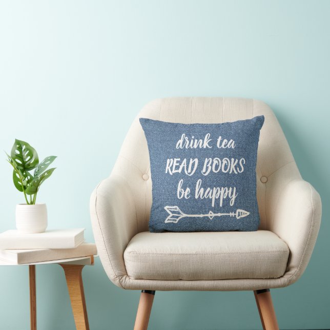 Book Nook Denim Blue Quote Throw Pillow (Chair)