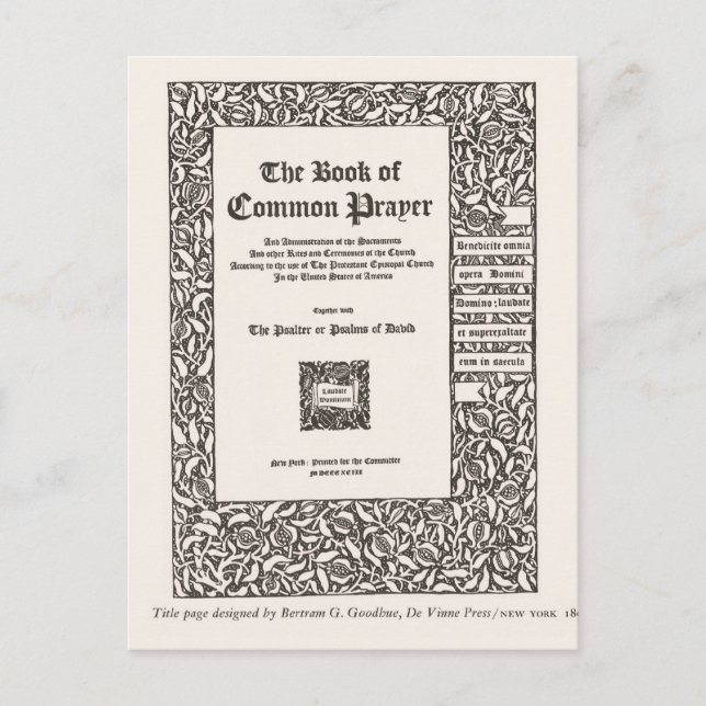 Book of Common Prayer, New York 1800 Postcard (Front)