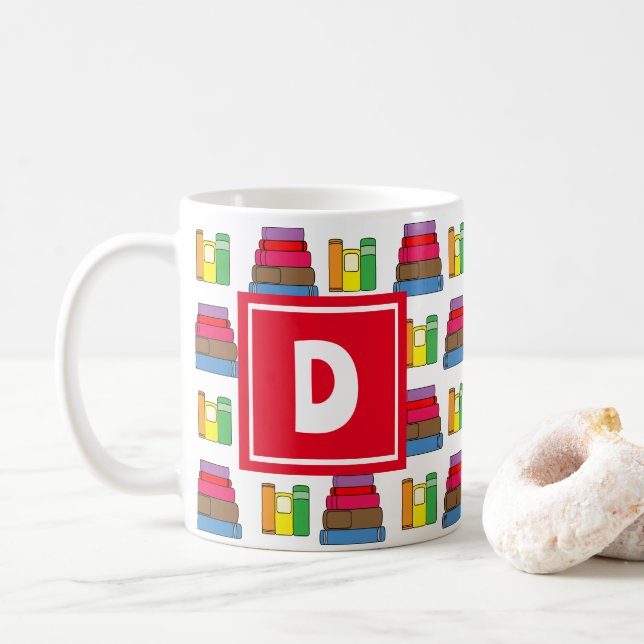 Book Pattern Monogram Coffee Mug (With Donut)