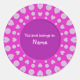 Book Plate - Colourful cute pink heart design Classic Round Sticker