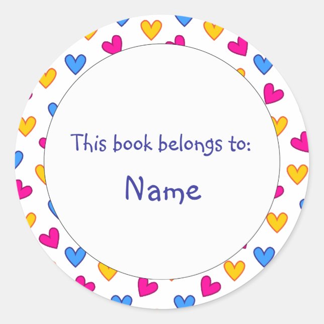 Book Plate - Colourful Heart Design Classic Round Sticker (Front)