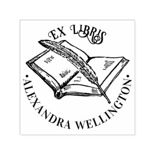 Book & Quill Ex Libris Library Book Name Round Self-inking Stamp