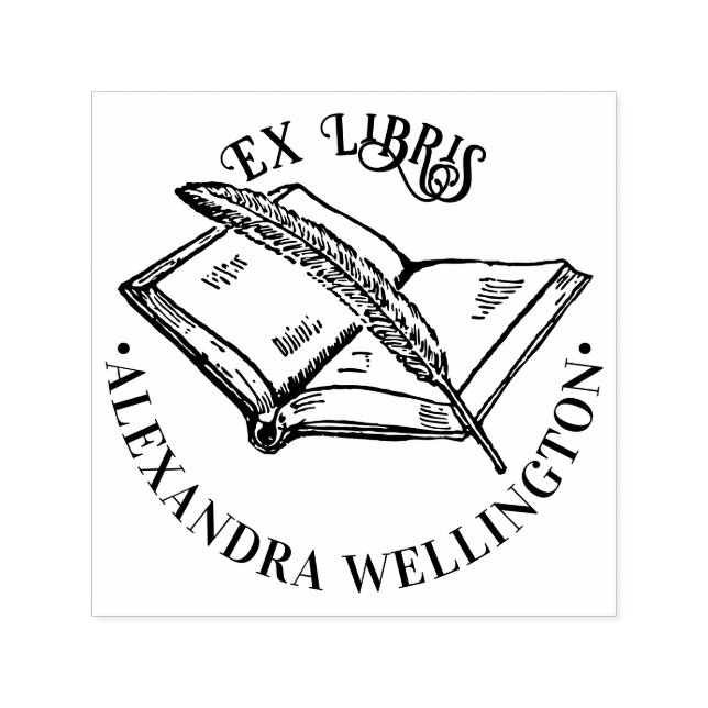 Book & Quill Ex Libris Library Book Name Round Self-inking Stamp (Design)