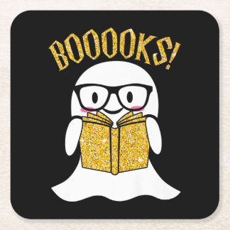 book reader nerd halloween ghost reading book gift square paper coaster