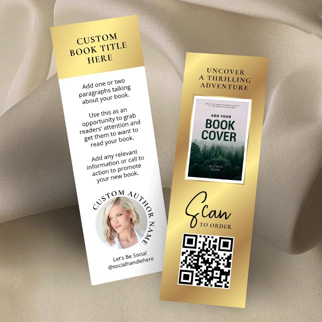 Book Release Author Photo Mini Gold Bookmark Card (White and faux gold 3x1 MINI bookmarks - great to promote your new book release)