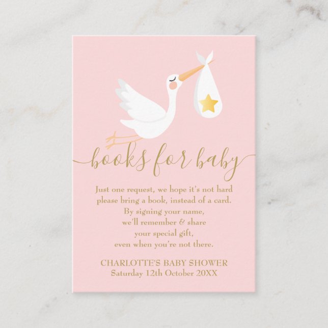 Book Request Baby Shower Stork Gold Star Pink Enclosure Card (Front)