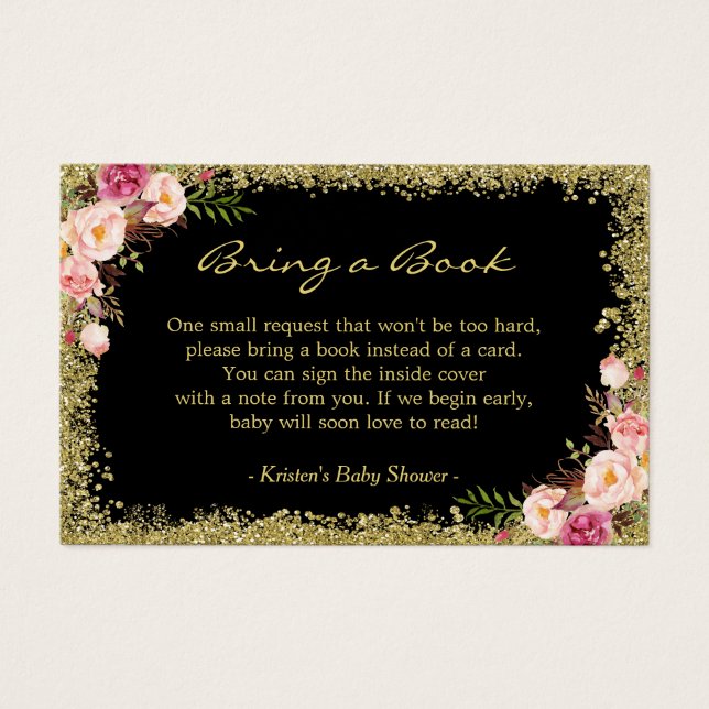 Book Request Card Black Gold Glitter Pink Floral (Front)
