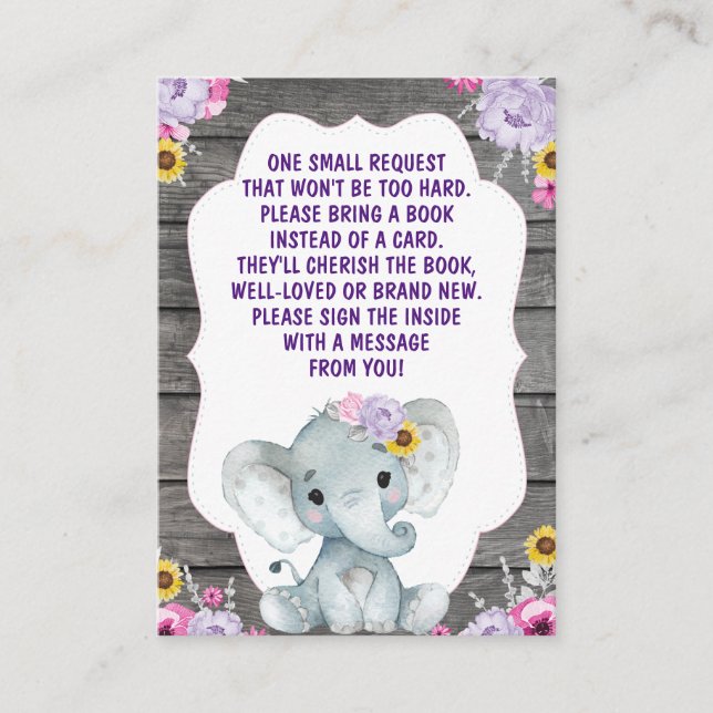 Book Request Card Girl Elephant Pink Purple Yellow (Front)