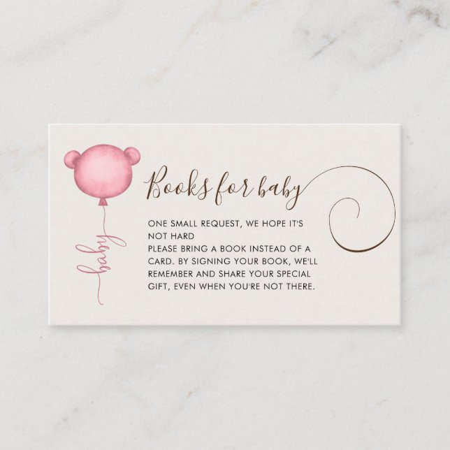 Book Request Pink Bear Balloon Baby Shower Enclosure Card (Front)