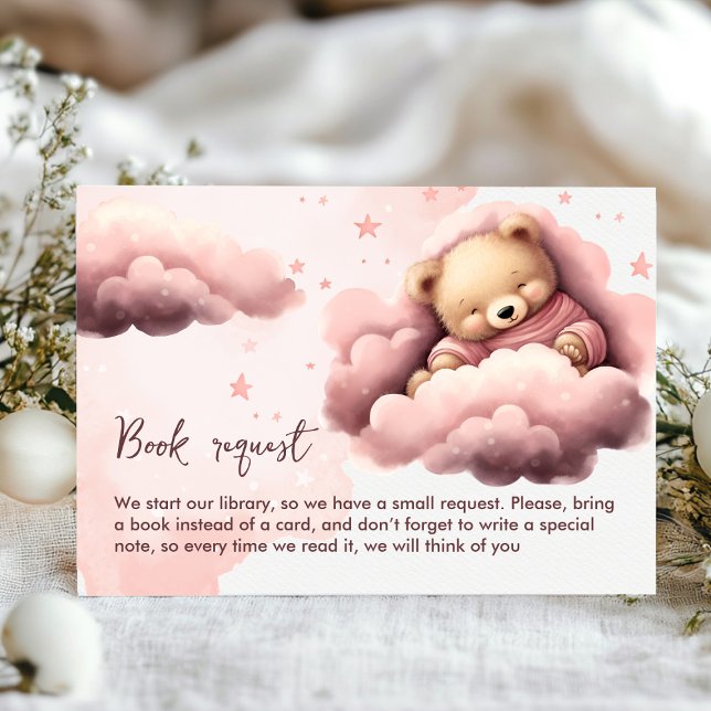 Book request pink cloud cute bear baby shower card (Cute sleeping bear in pink clouds baby shower)