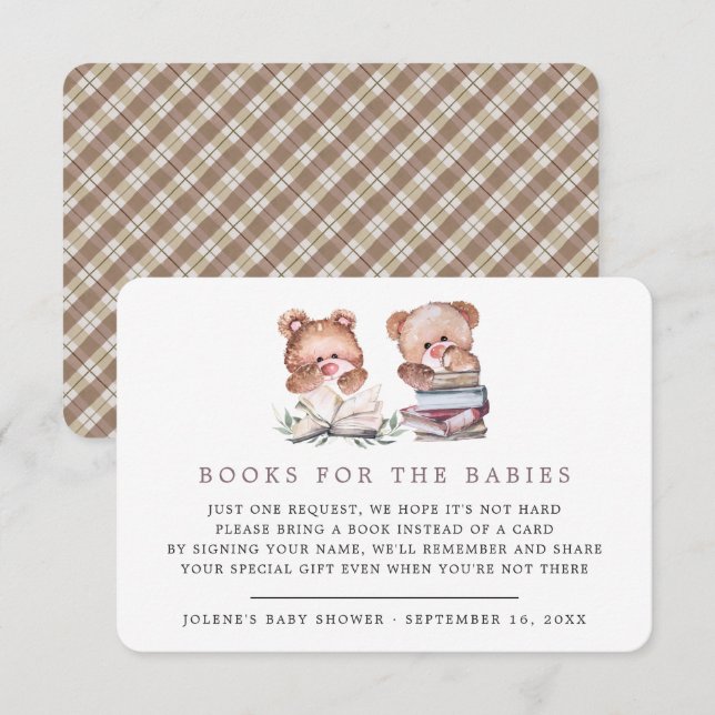 Book Request | Teddy Bear Twins Baby Shower Enclosure Card (Front/Back)