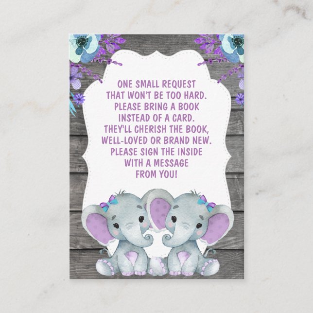 Book Request Twins Elephants Shower Purple Teal Enclosure Card (Front)