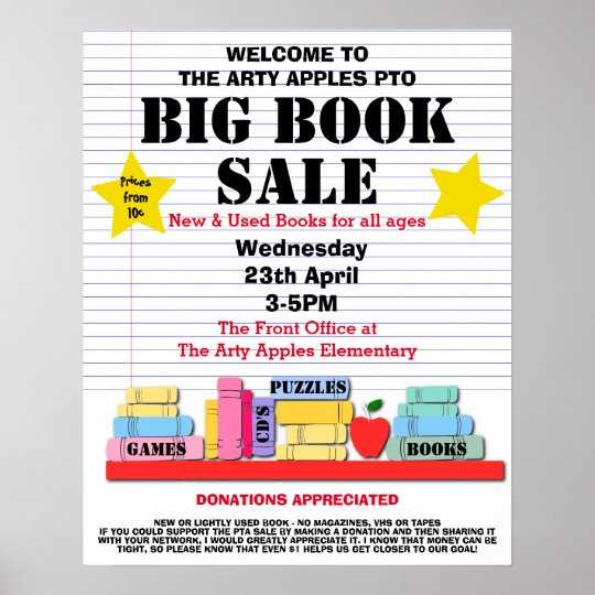 book sale PTA school fundraising poster Zazzle.co.uk