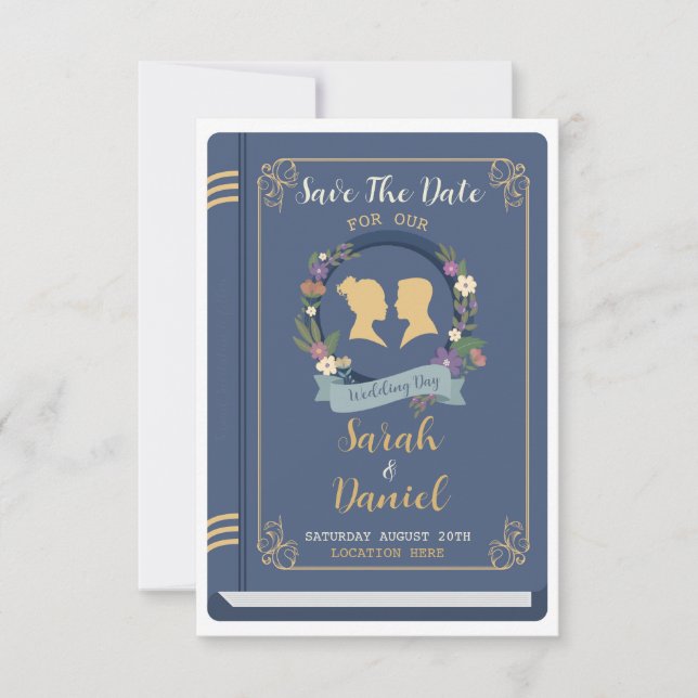 Book Save The Date Library Wedding Navy Invites (Front)