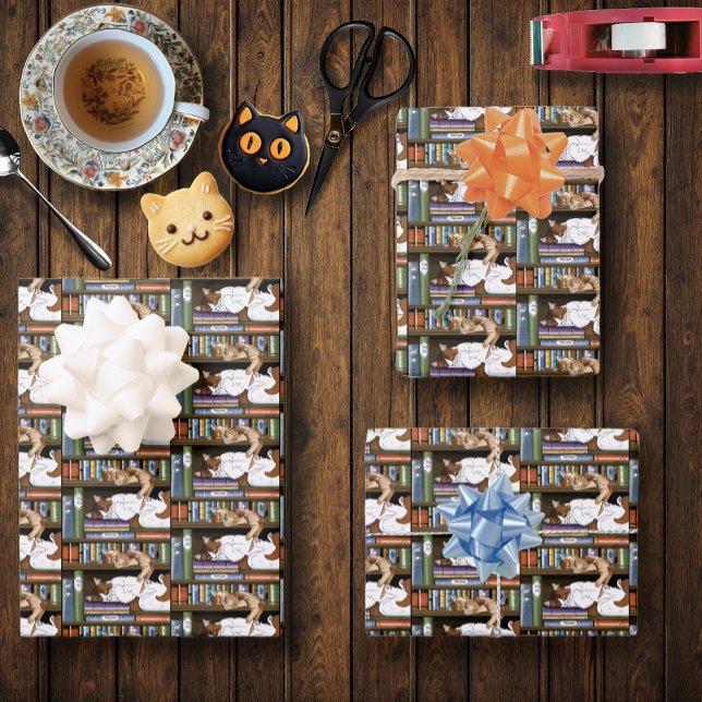Book Shelf Cats Library Wrapping Paper Sheet (Creator Uploaded)