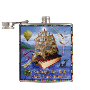 Book Ship Ocean Scene with Emily Dickinson Quote Hip Flask