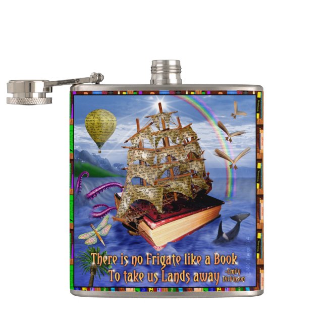 Book Ship Ocean Scene with Emily Dickinson Quote Hip Flask (Opened)