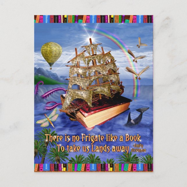 Book Ship Ocean Scene with Emily Dickinson Quote Postcard (Front)
