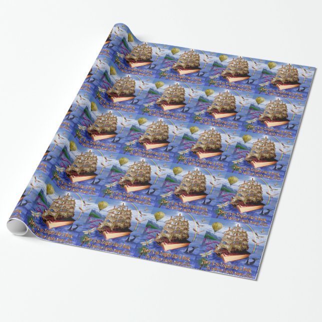 Book Ship Ocean Scene with Emily Dickinson Quote Wrapping Paper (Unrolled)