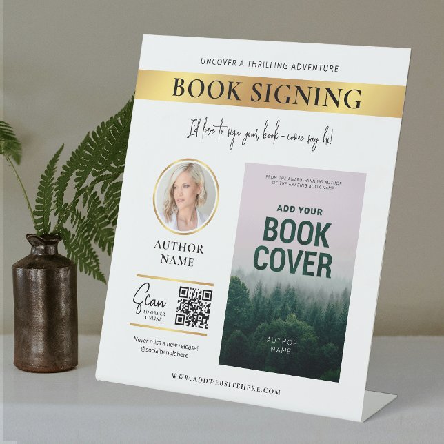 Book Signing Book Cover Author Photo White & Gold Pedestal Sign (Modern white and gold Book Promotion table top sign design with your custom photos and text)