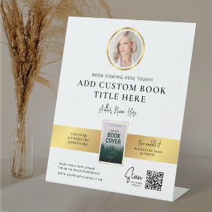 Book Signing Event Author Photo QR Code Faux Gold Pedestal Sign