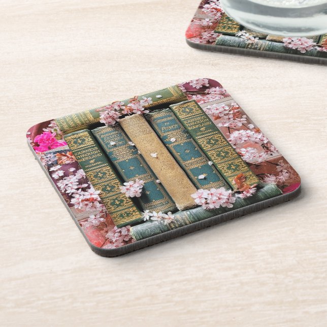 Book Spines & Blossoms Hard plastic coaster (Left Side)