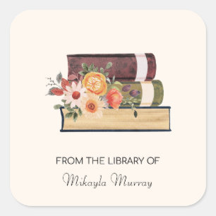 Book Stack and Flowers Personalised Bookplate Square Sticker