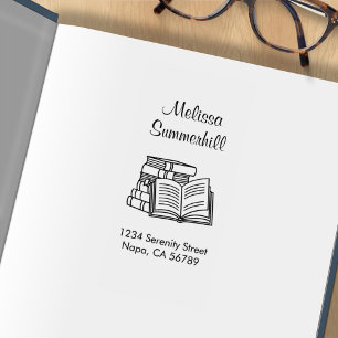 Book Stack and Open Book Address Bookplate Rubber Stamp