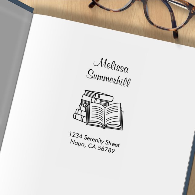 Book Stack and Open Book Address Bookplate Rubber Stamp (Creator Uploaded)