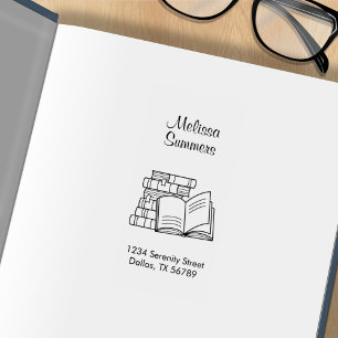 Book Stack and Open Book Address Bookplate Rubber Stamp