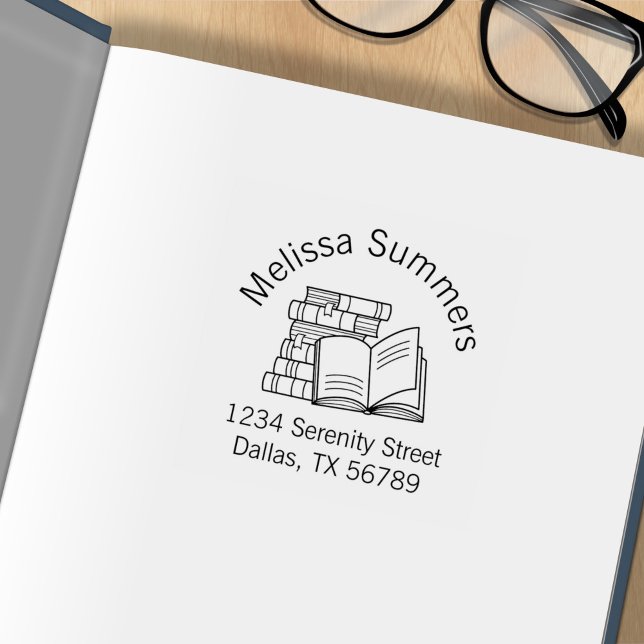 Book Stack and Open Book Address Bookplate Rubber Stamp (Creator Uploaded)