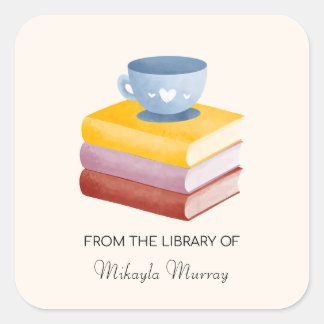 Book Stack & Coffee Cup Personalised Bookplate Square Sticker