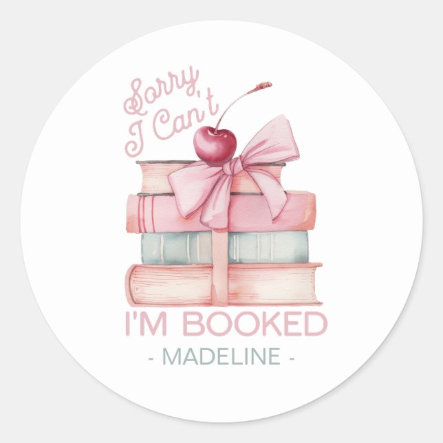 Book Stack Coquette Bow Name Classic Round Sticker (Front)