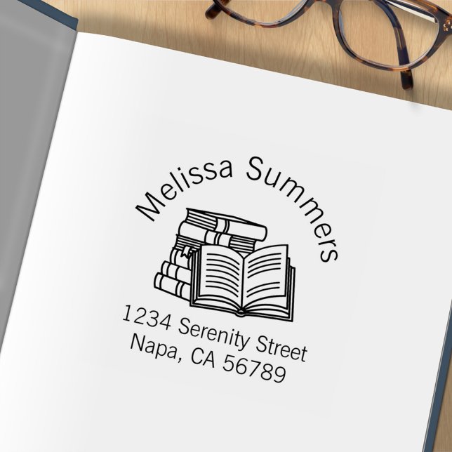 Book Stack Open Book Arch Address Bookplate Rubber Stamp (Creator Uploaded)