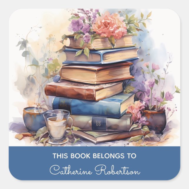 Book Stack This Book belongs to Name Bookplate Square Sticker (Front)