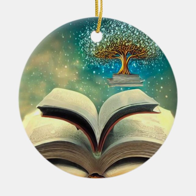 Book Stack Tree & Open Books Ceramic Tree Decoration (Front)