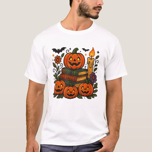 Book Stack with Fall Flowers Pumpkins Halloween T-Shirt (Front)
