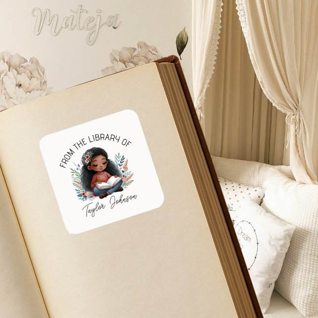 Book stickers, bookplate Custom Dark hair girl Square Sticker (Creator Uploaded)