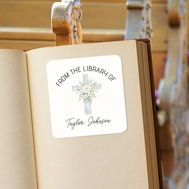 Book stickers, bookplate floral cross church square sticker (Creator Uploaded)