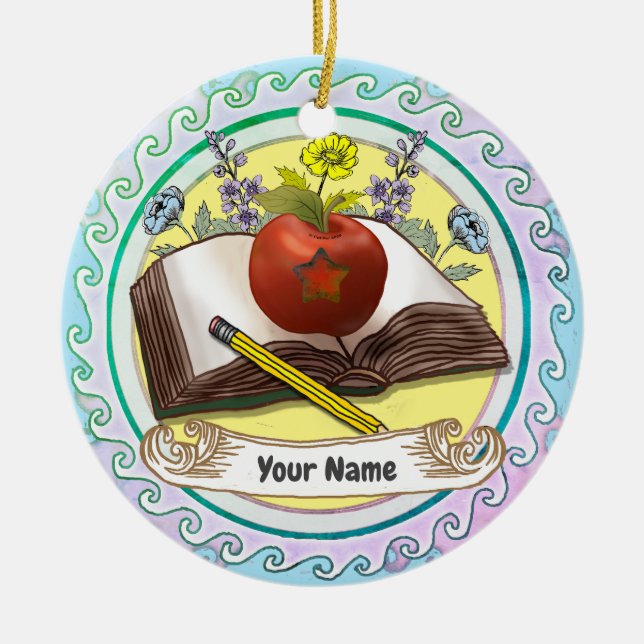 Book Teacher Flowers Ceramic Tree Decoration (Front)