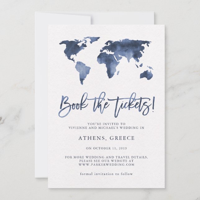 Book the Tickets | World Map Blue Save the Date (Front)