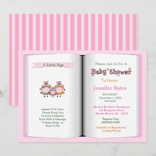 Book Theme Baby Shower Invitation (Girl) (Front/Back)