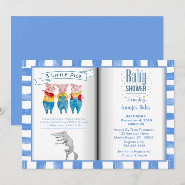 Book Theme Three Little Pigs Blue  Baby Shower     Invitation (Front/Back)