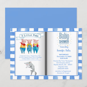 Book Theme Three Little Pigs Blue  Baby Shower     Invitation