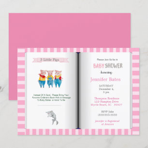 Book Theme Three Little Pigs  Pink Baby Shower   Invitation
