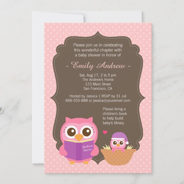 Book Themed, Pink Cute Owl Baby Shower Invitations (Front)