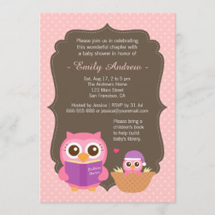 Book Themed, Pink Cute Owl Baby Shower Invitations