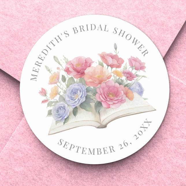 Book Watercolor Floral Bridal Shower Classic Round Sticker (Book Watercolor Floral Bridal Shower Classic Round Sticker )