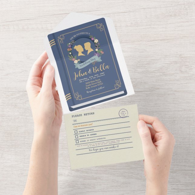 Book Wedding Library Theme Cover Chapter & RSVP All In One Invitation (Tearaway)