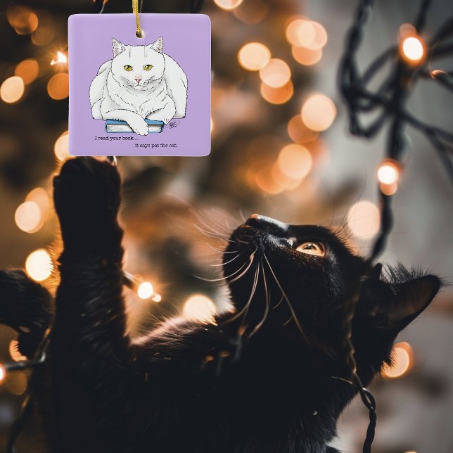 Book White Cat Purple Funny Ceramic Ornament (Creator Uploaded)